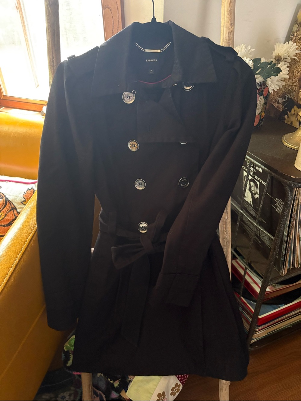 Express Black Double-Breasted Trench Coat with Self-Tie Belt